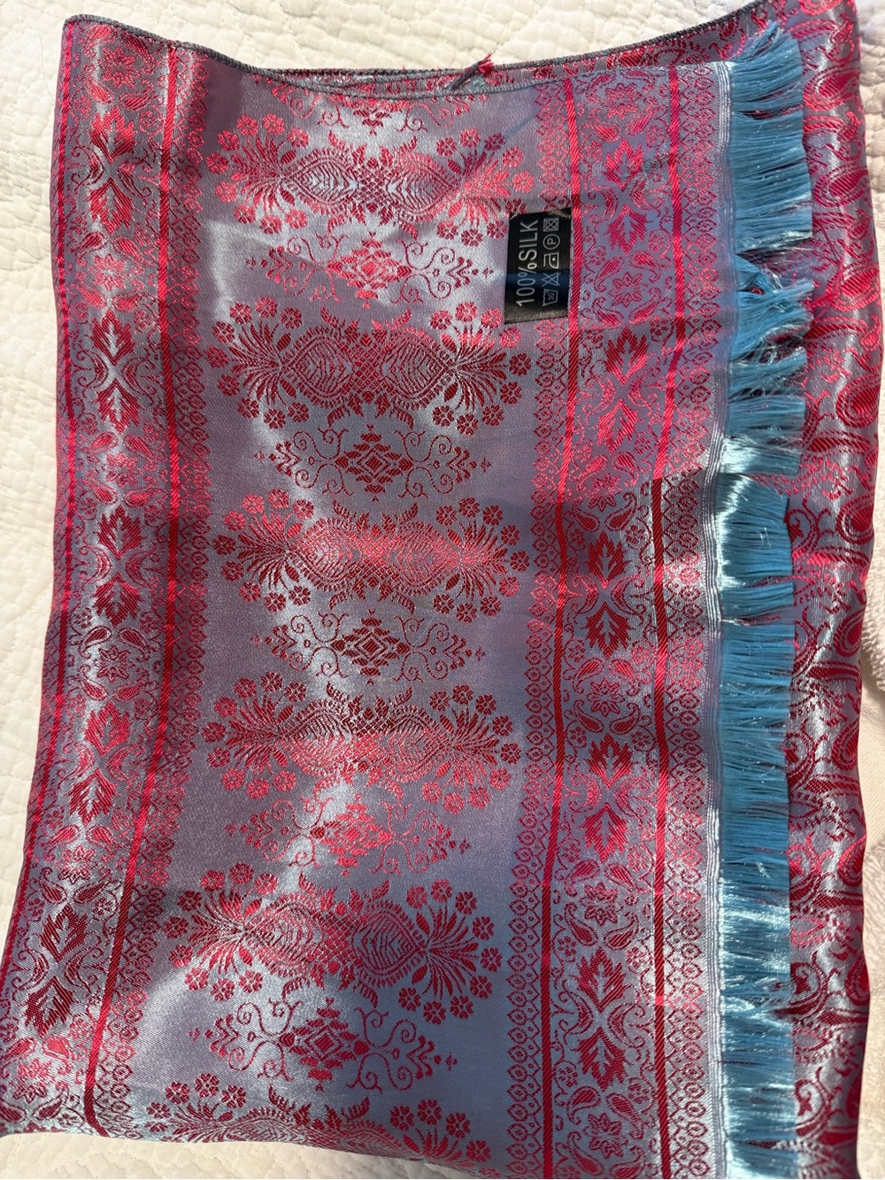 Silk Jacquard Shawl Scarf in Lavender & Fuchsia with Blue Fringe